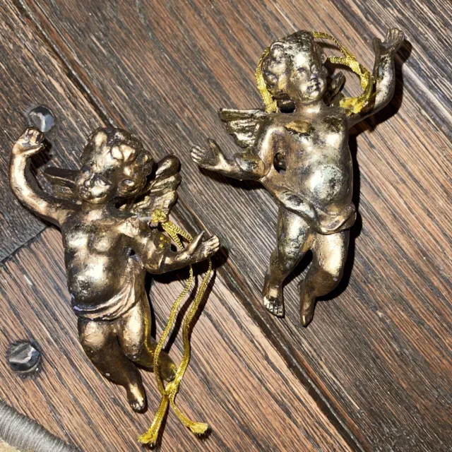 2 Vintage Gold Tone Cherub AngelChristmas Figurine Ornament, 4.5” With Hanger