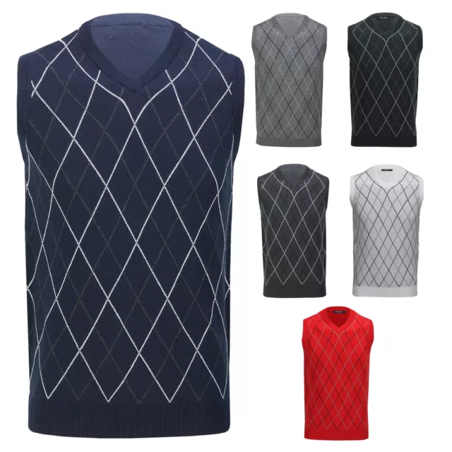 MENS SLEEVELESS ARGYLE Golf Jumper V Neck Sweater Smart Casual