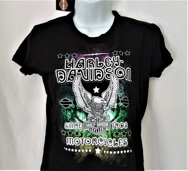 Harley-Davidson Eagle Pattern Stars and Stripes Motorcycle T-Shirt, Men's Size Medium cotton black type Vintage Second Hand