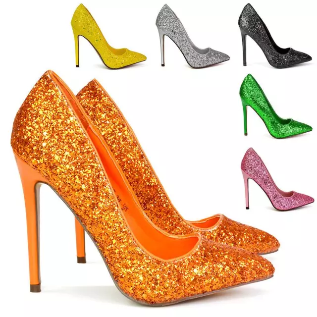 Womens Glitter Stiletto Heel Pointed Toe Ladies Sparkly Party Court Shoes Size