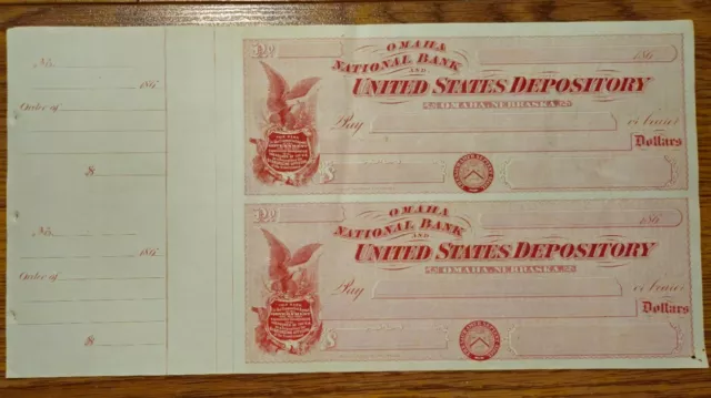 1860s United States Treasury Depository  Omaha Nebraska Bank Check Drafts Uncut