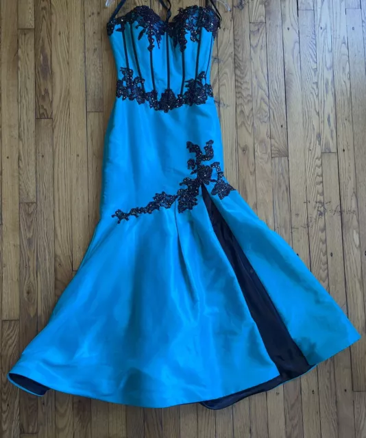 Jovani Prom Dress Size 8 Teal Black Trim Sequins And Beads Mermaid Tail Style