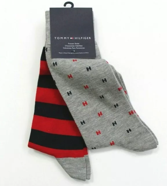 Juego de 2 pares de calcetines pantalones para hombre Tommy Hilfiger logotipo y rayas - gris, rojo y azul