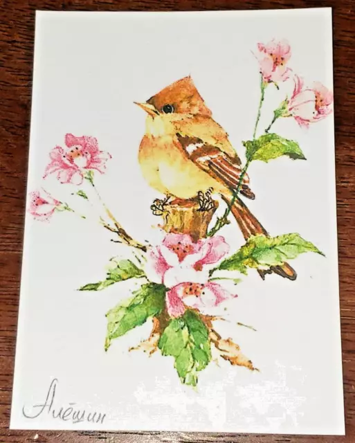 Original ACEO WATERCOLOR PAINTING FEMALE CARDINAL BIRD BLOSSOMS FLOWERS ART CARD