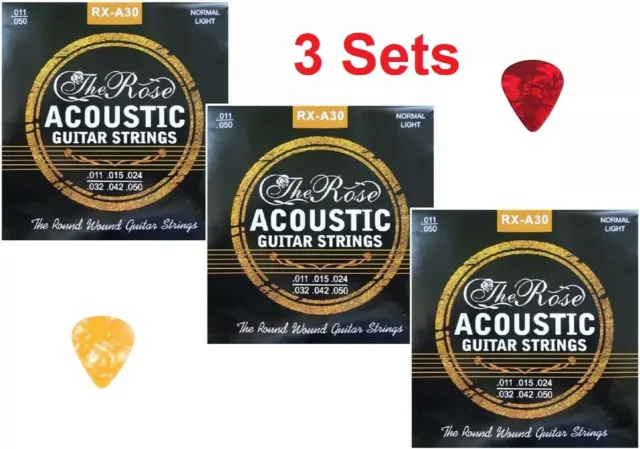 Acoustic Guitar Strings - 3 Sets With 2 Guitar Picks - Normal Light Gauge 11-50