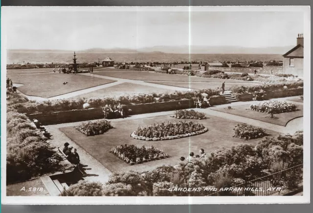 Scarce Old Real Photo Postcard - Gardens And Arran Hills - Ayr- Ayrshire 1937