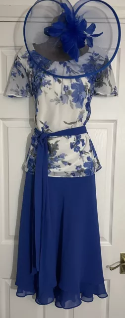 Jacques Vert Blue Floral Top Skirt Hatinator Outfit Mother Of Bride Size 16