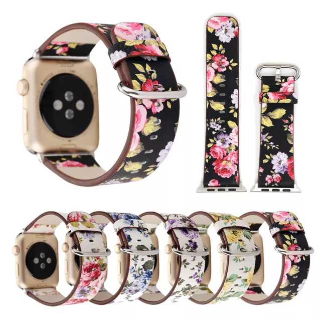 For Apple Watch 9 8 7 6 5 SE Ultra Women Floral Leather Band Strap 40/44/41/45mm