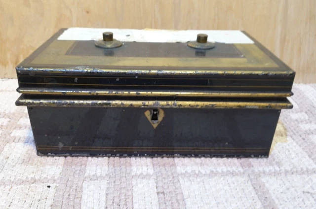 VINTAGE METAL MONEY BOX OLD DEED CASH TIN CASE CHEST Bank Post Office ...