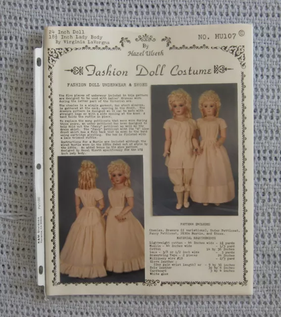 Antique Vintage Doll Pattern HU107 by Hazel Ulseth Underwear Shoes 24" doll new