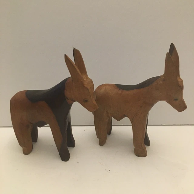 Vintage Hand Carved Wooden Mules/Donkeys Set of 2