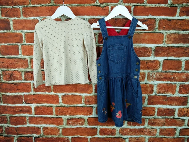 Girls Bundle 5-6 Years H&M M&S Pinafore Dress T-Shirt Organic Cotton Blue 116Cm