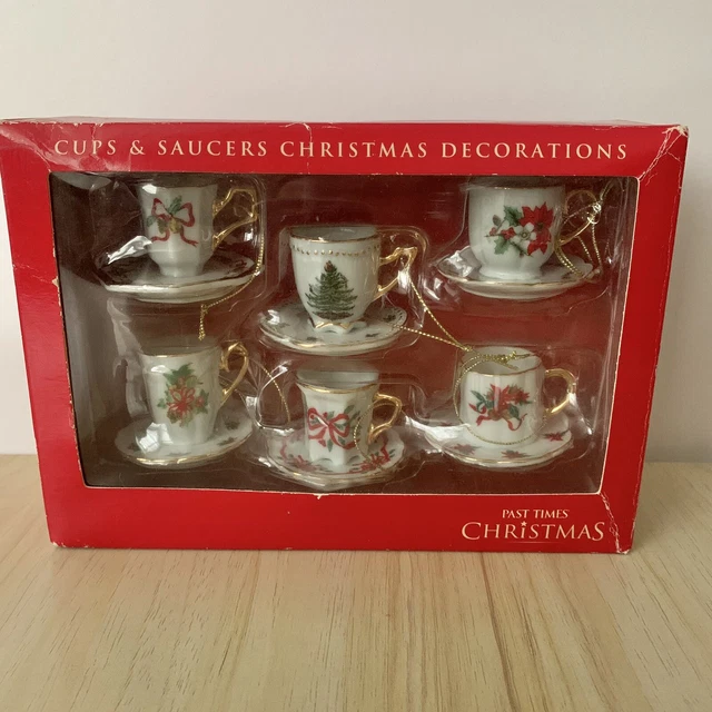 Past Times Tea Set Cup and Saucer Christmas Tree Decorations Boxed Hanging