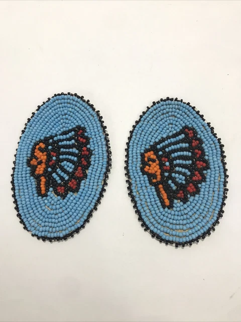 Beaded Rosettes Blue Indian Head design Leather Back Set of 2