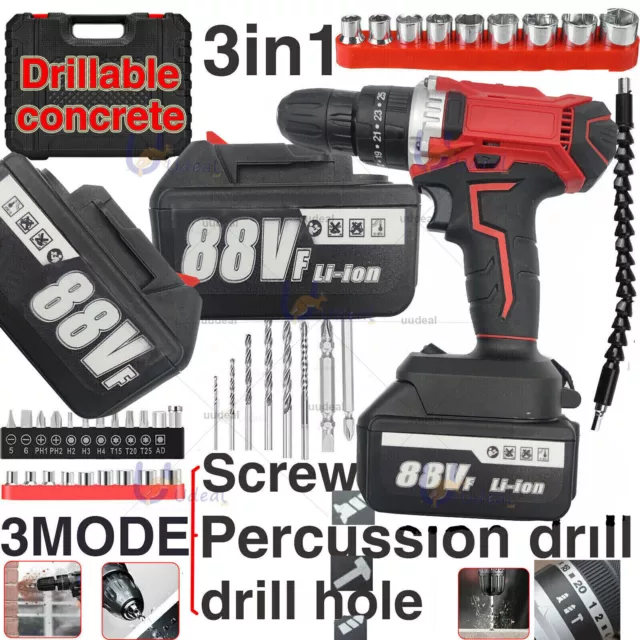 88V Cordless Drill+Precussion Drill Heavy Duty Impact Driver Brushless Hammer Au