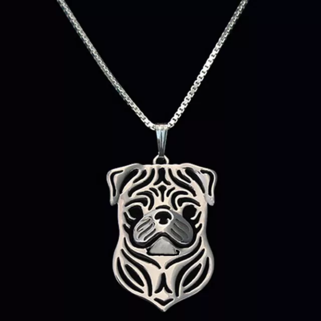 Halskette mit Anhänger Form Mops Kopf.Schmuck Hunde - Rasse Mops. Silber