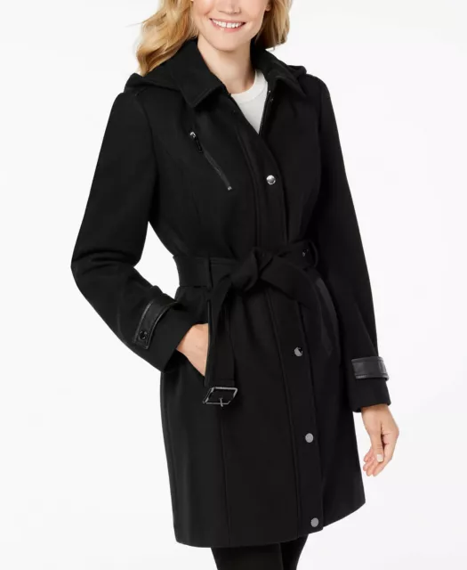 Nwt Michael Kors $275 Black Faux Leather Trim Belted Wool Blend Coat Sz S Small