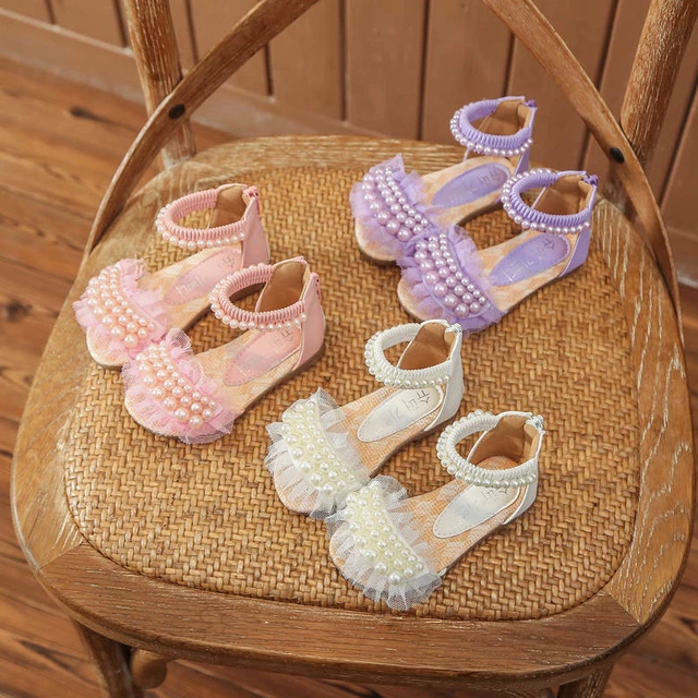 Girls Pearl Flat Sandals Summer Toddler Baby Kids Holiday Princess Shoes Size