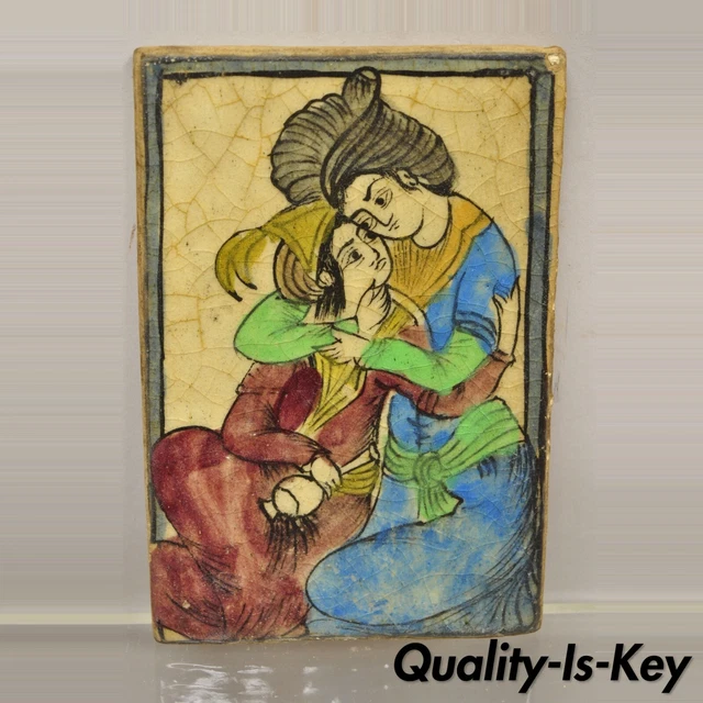 Antique Persian Iznik Qajar Style Blue and Red Ceramic Pottery Tile Couple C5
