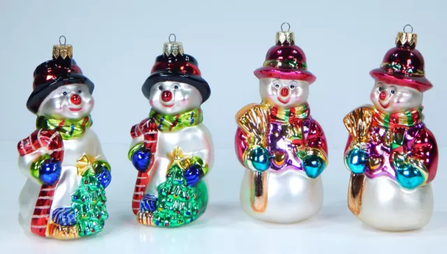 Vintage Set Of 4 Blown Glass 5" Snowman Christmas Ornaments Hand Painted Decor