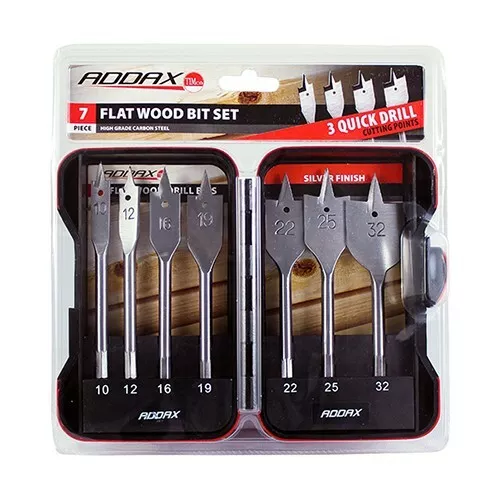 7 Piece Flat Wood Bit Set F7SET 10mm, 12mm, 16mm, 19mm, 22mm, 25mm, 32mm Addax 2