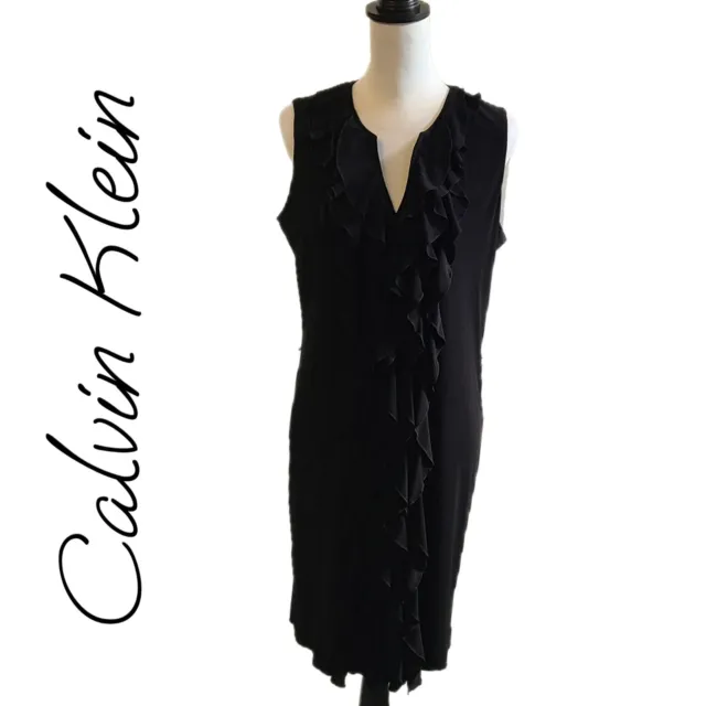 Calvin Klein | Little Black Ruffle Front Sleeveless Stretch Shift Dress, Size 12