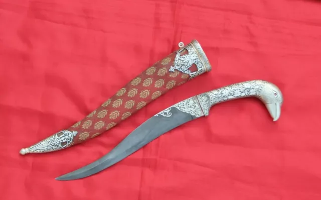 Mughal indo-Persian ottoman silver damascened wootz blade eagle head handle