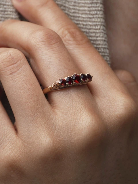 VINTAGE 9CT ROSE Gold Red Garnet Five Stone Bridge Ring Eternity Band S ...