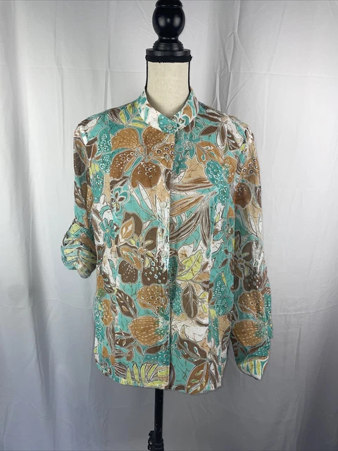 Samantha Grey Colorful Tunic Sz 12 Semi Sheer Floral Tab Roll Sleeves_4113