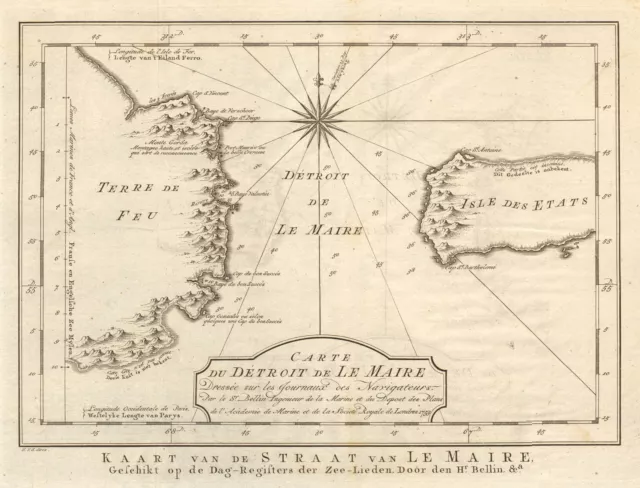 'Carte du D�troit de le Maire' Strait. Tierra del Fuego. BELLIN/SCHLEY 1757 map