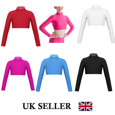 UK Kid Girls Long Sleeve Crop Top Lycra Plain High Turtleneck Gymnastics Costume