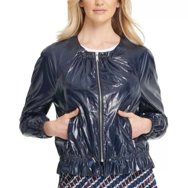 DKNY Women's Lightweight Faux-patent Drawstring Bomber Jacket Top TEDO