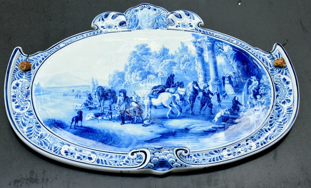 Delft de Porceleyne Fles blue landscape wall plaque Wouwermans horse plate 1882