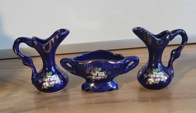 Vintage MINIATURE COBALT TWO PITCHER & BASIN SET Porcelain w/ GOLD FLORAL DETAIL