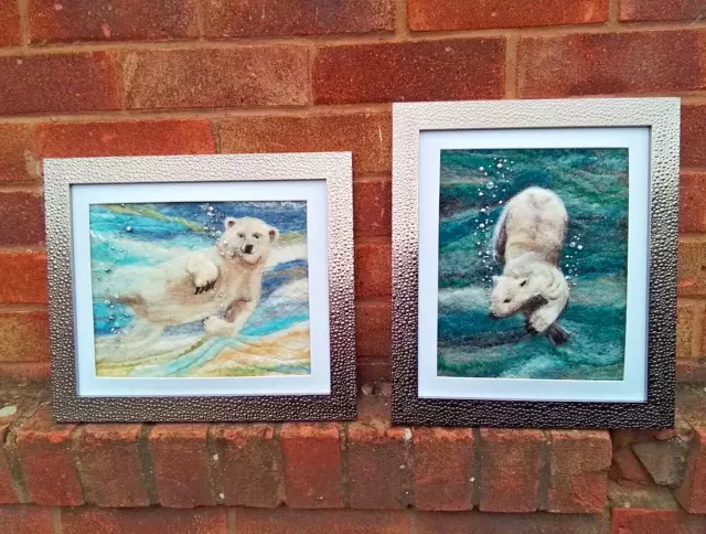 2 immagini artigianali di orso polare in feltro di Sheila Murray.