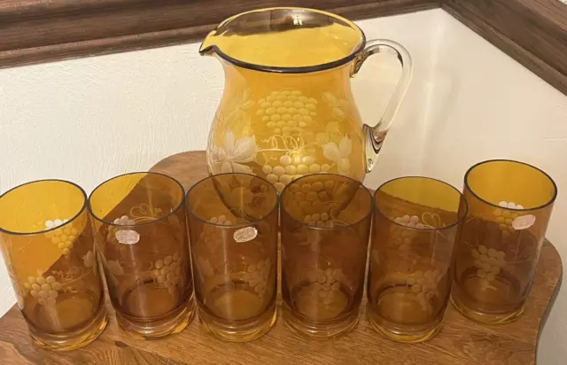 Vintage Amber BOHEMIAN Czech CUT to CLEAR CRYSTAL grapes Pitcher w/ 6 glasses