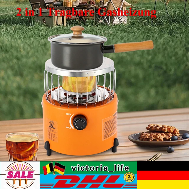 2in1 Tragbare Gasheizung Camping Gaskocher Propangas Outdoor 304 Edelstahl 2000W