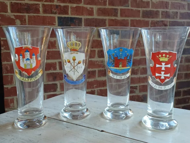 ANTIQUE Set of 4 GERMAN PILSNER Beer GLASSES Glass w/ ENAMEL City ARMORIAL CREST