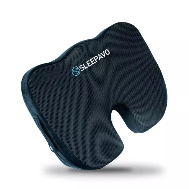 Sleepavo Black Memory Foam Seat Cushion w/ Gripped Bottom Slip Cover
