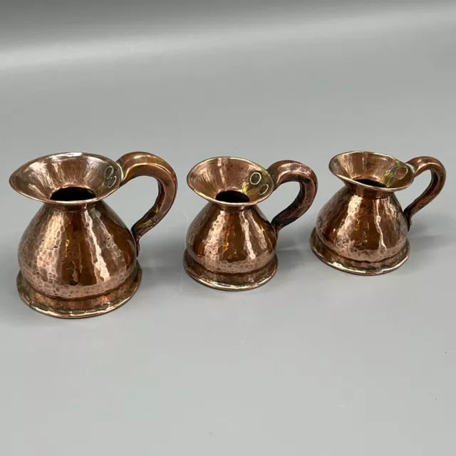 3 Antique Copper Graduated Jugs Apprentice Piece Miniature Victorian Hammered 3