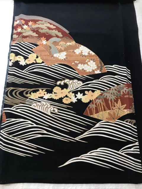 @@Japanese vintage kimono/ tomesode black silk fabric, waves, folding fans K49