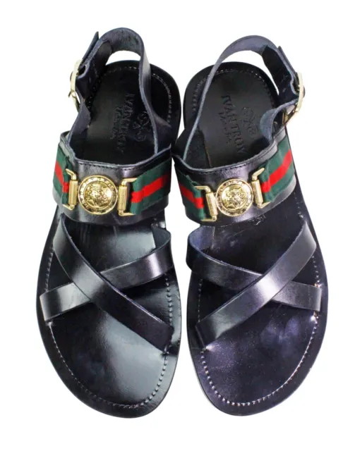 Leather Italian Sandals Mens Black Genuine Leather Strappy Shoes Handmade Ciro