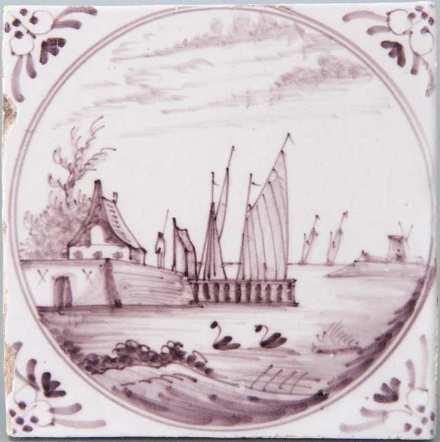 Nice fine Dutch Delft manganese tile, sailboats and swans, 19th. century