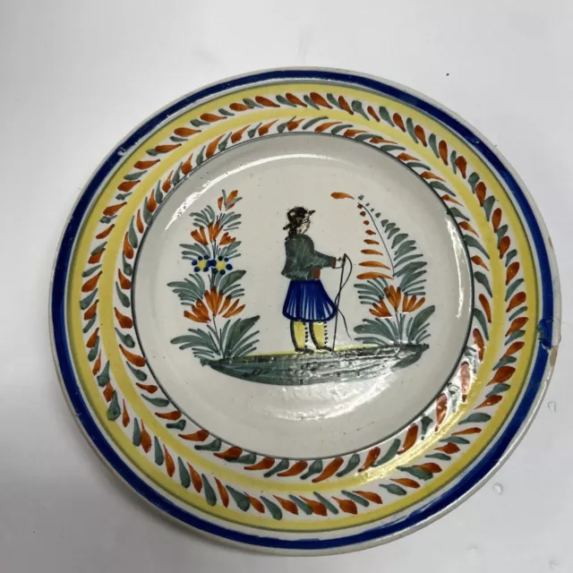 Vintage Henriot Quimper French Faience Breton Man Floral Pottery Dish Bowl