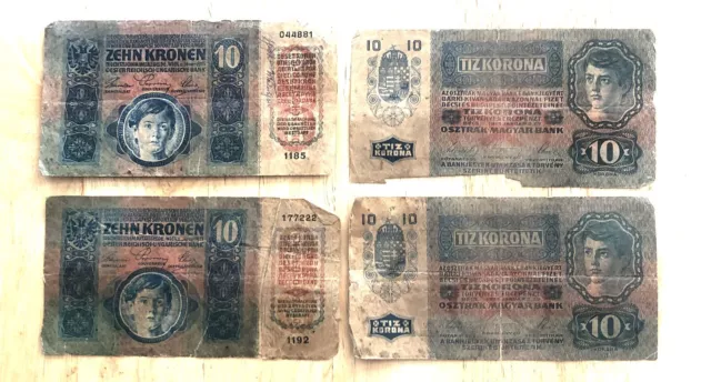 4  Austria Hungary Bank Notes  10 Kronen, 10 Korona, 1915