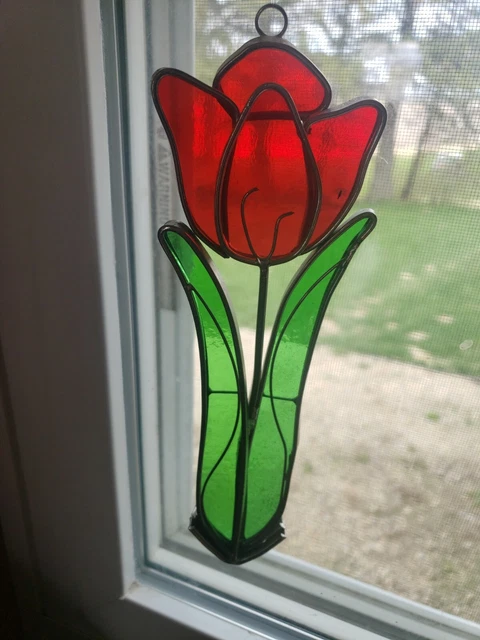 Stained Glass Sun Catcher 8"×2.5" Red Tulip Flower Garden Greenhouse