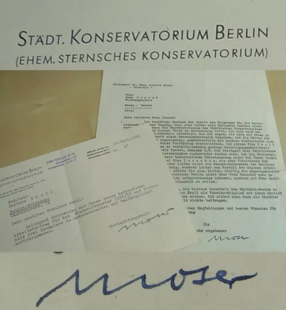 Compositor Hans Joachim Moser (1889-1967): 2 Cartas Conservatorio Berlín 1956