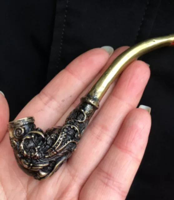 Chinese old brass Handmade embossed dragon and phoenix Smoking tools Q2