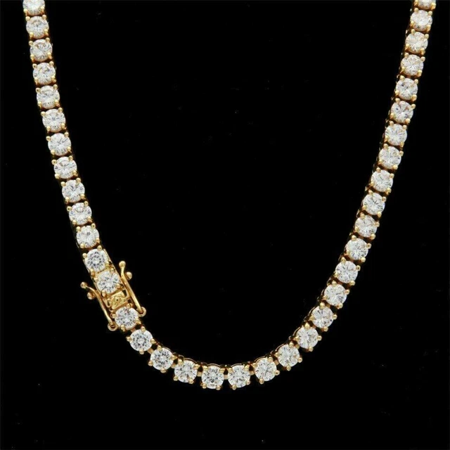 30CTW 4mm Round Cut DEF Moissanite Men's Tennis Necklace 14K Yellow Gold Plated