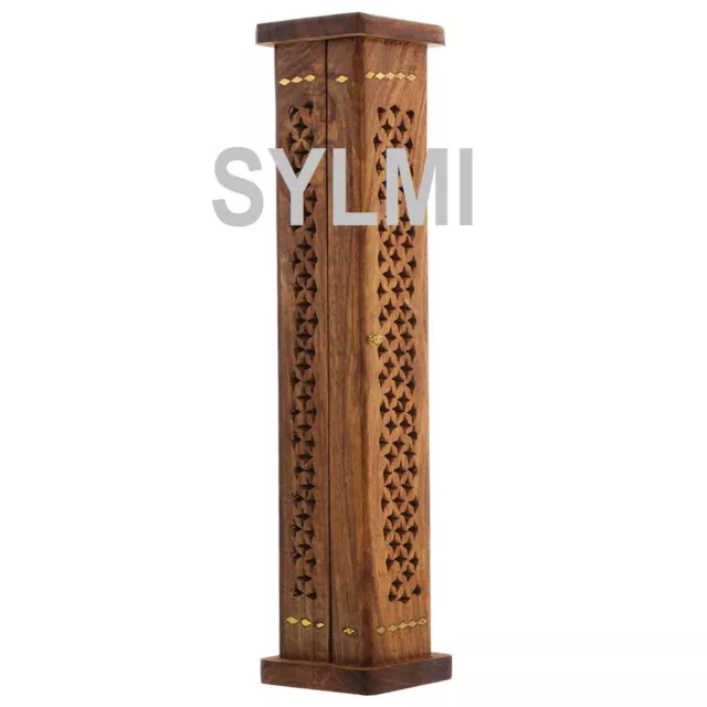 INCENSE BURNER Tall Wood Stand Tower/Stick/Cone/Holder/Brass/Storage/Ash Catcher 2